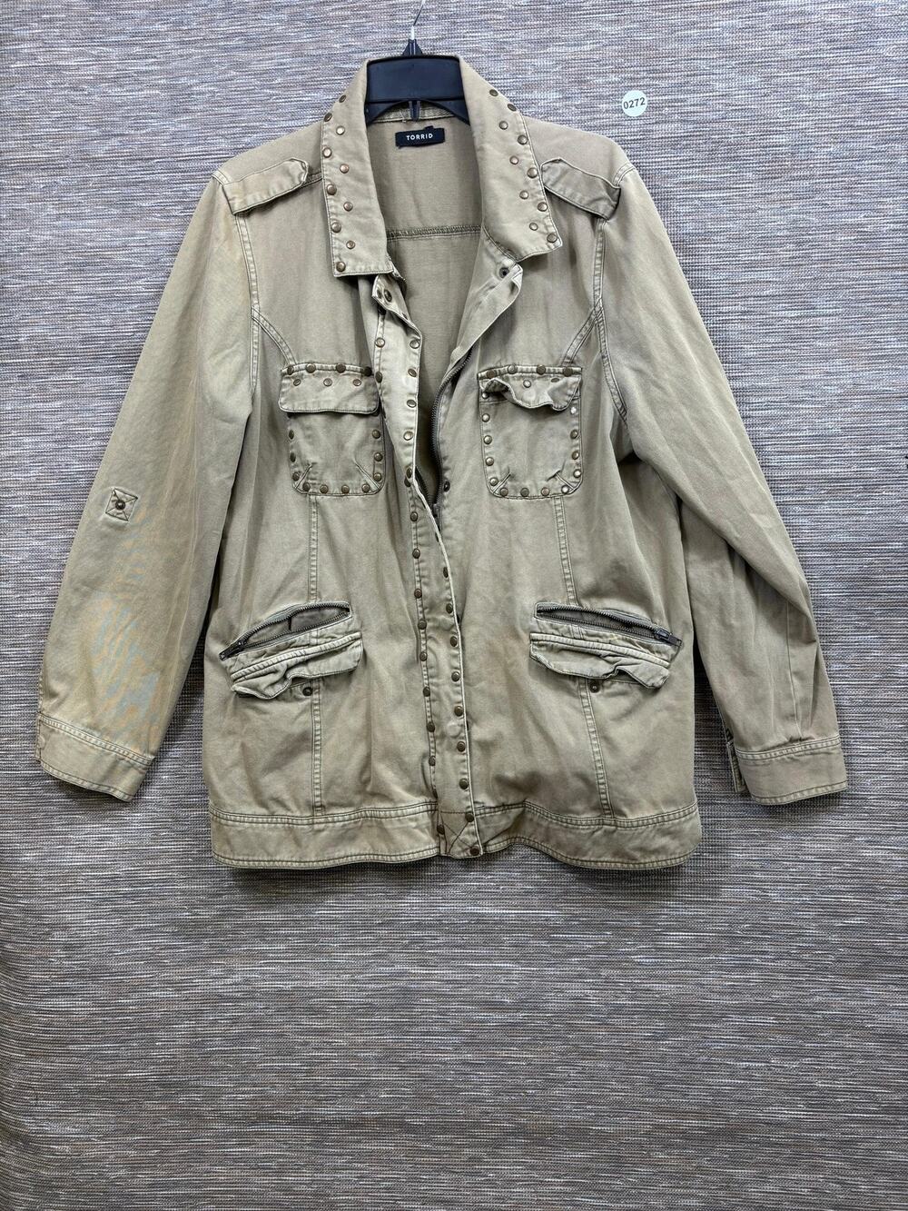 Torrid Jacket Womens 1X Beige Cotton Twill Studded Military Utility Snap Pockets